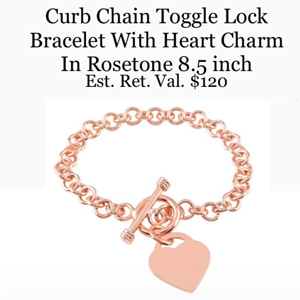 Curb Chain Toggle Lock Bracelet With Heart Charm in Rosetone 8.5 inch